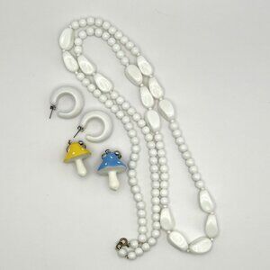 Vintage Jewelry Bundle White Bead Necklace Hoop & Mushroom Dangle Earrings
